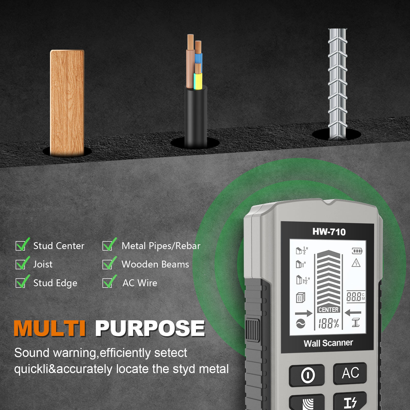 新款五合一 墙体探测仪 螺柱柱子探测器测量仪 墙体金属探测仪详情2