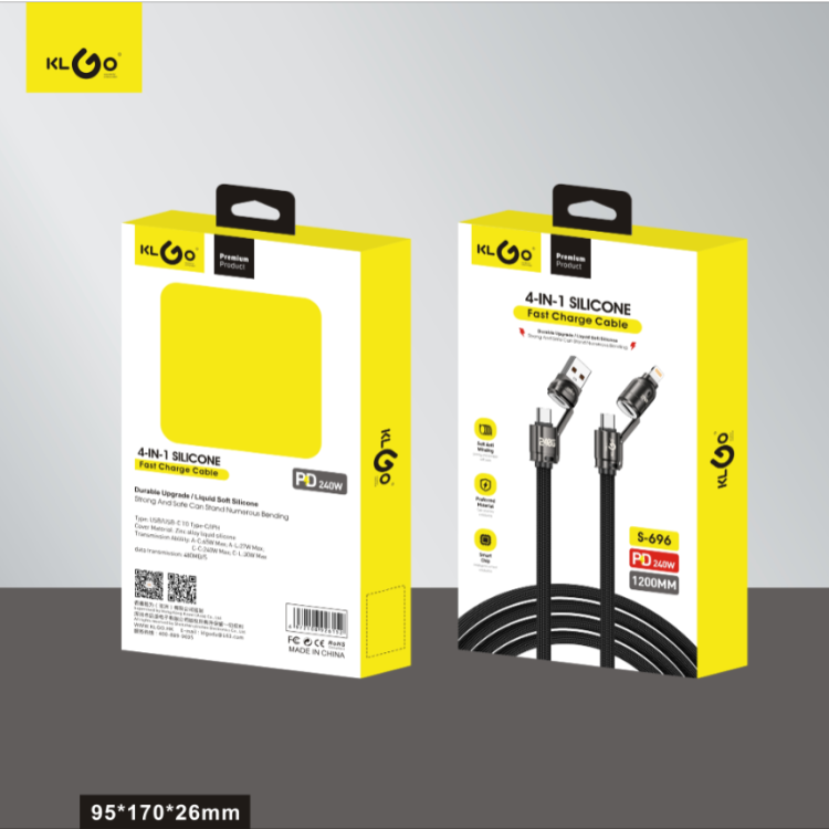 Cool for KLGO's new four-in-one black 1.2-meter data cable, 240W zinc alloy braided data cable