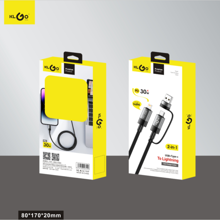 Coolway KLGO 2-in-1 black 30W 1-meter fast charging data cable usb/type-c to Apple Jack data cable