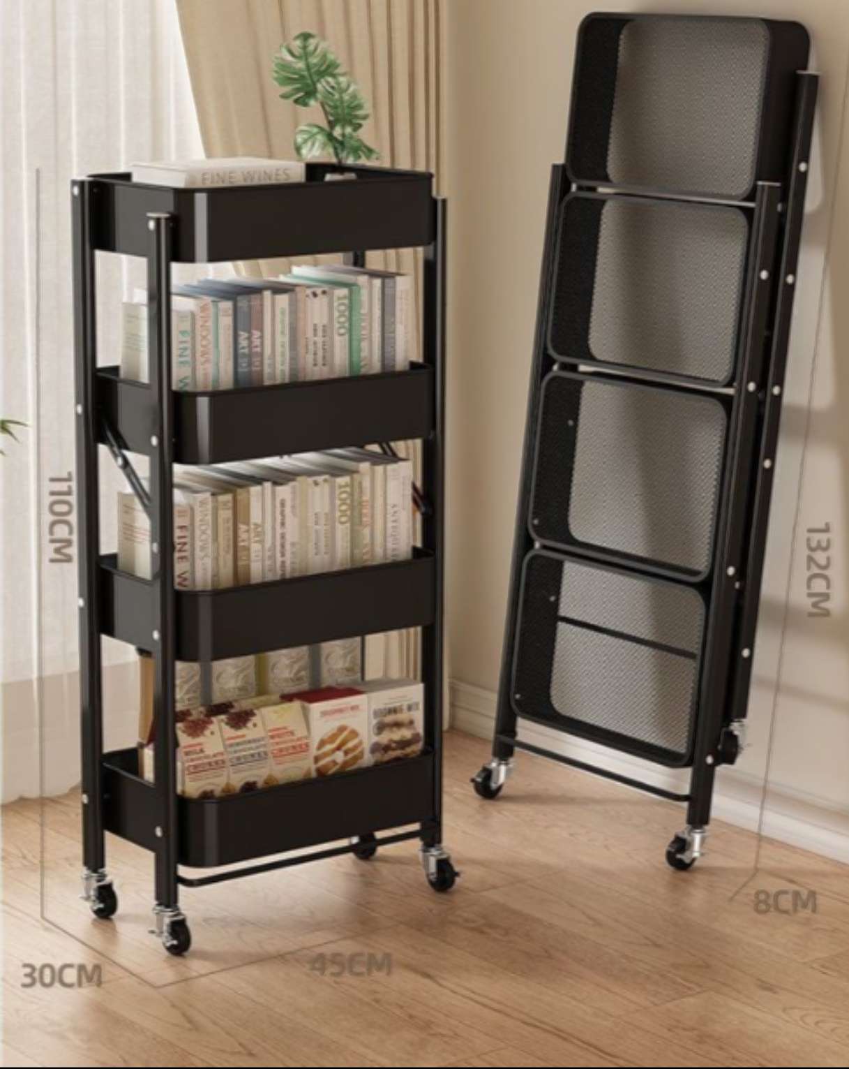 小推车落地置物架家用客厅零食收纳架铁艺书架课桌旁阅读架书包架详情1