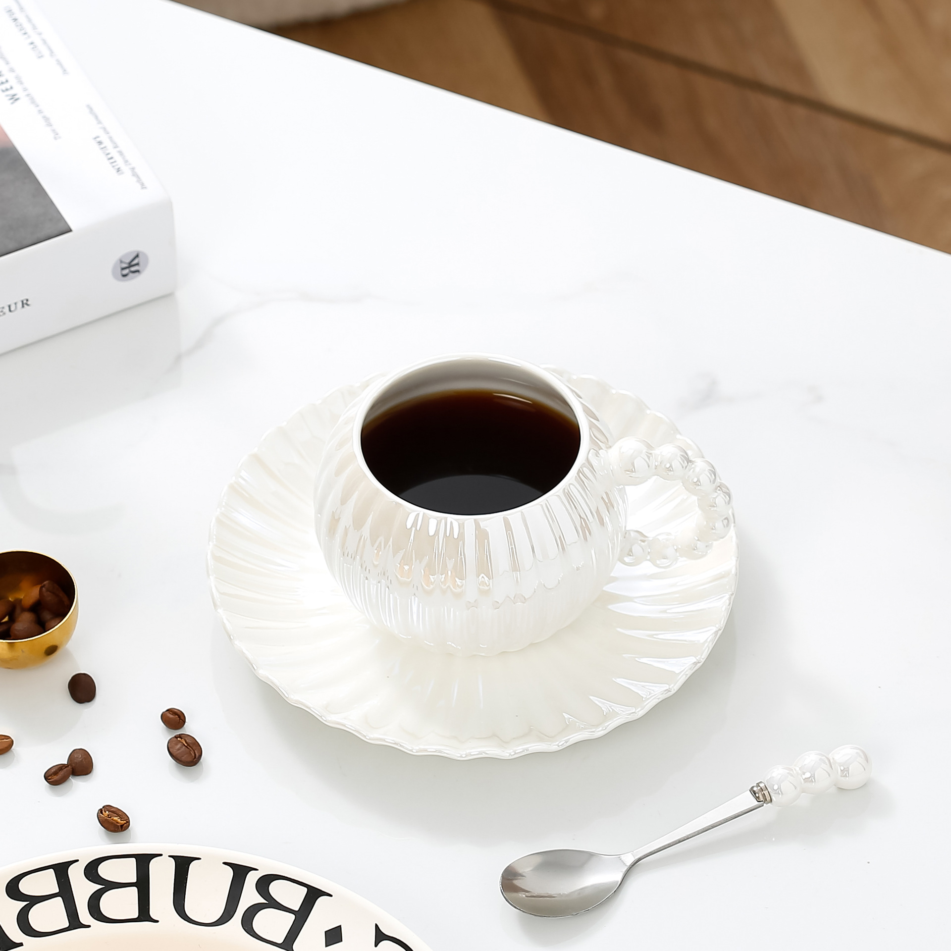 ins轻奢创意咖啡杯碟珍珠釉陶瓷杯子情侣高颜值马克杯下午茶杯碟详情9
