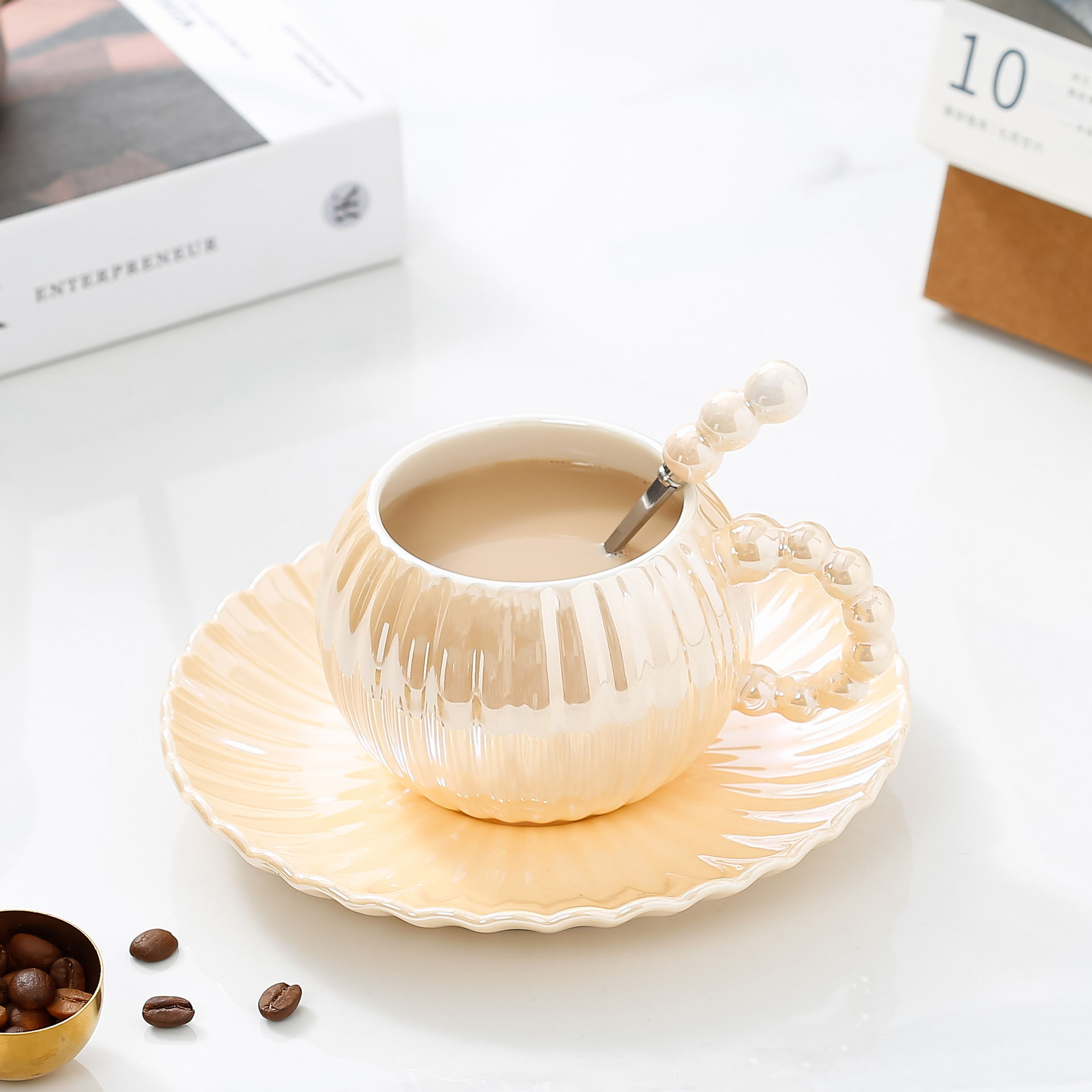 ins轻奢创意咖啡杯碟珍珠釉陶瓷杯子情侣高颜值马克杯下午茶杯碟详情12