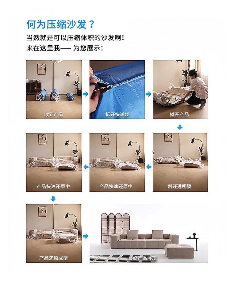 跨境压缩沙发仿兔毛灯芯绒免安装现代家用舒适客厅展厅组合型沙发详情7