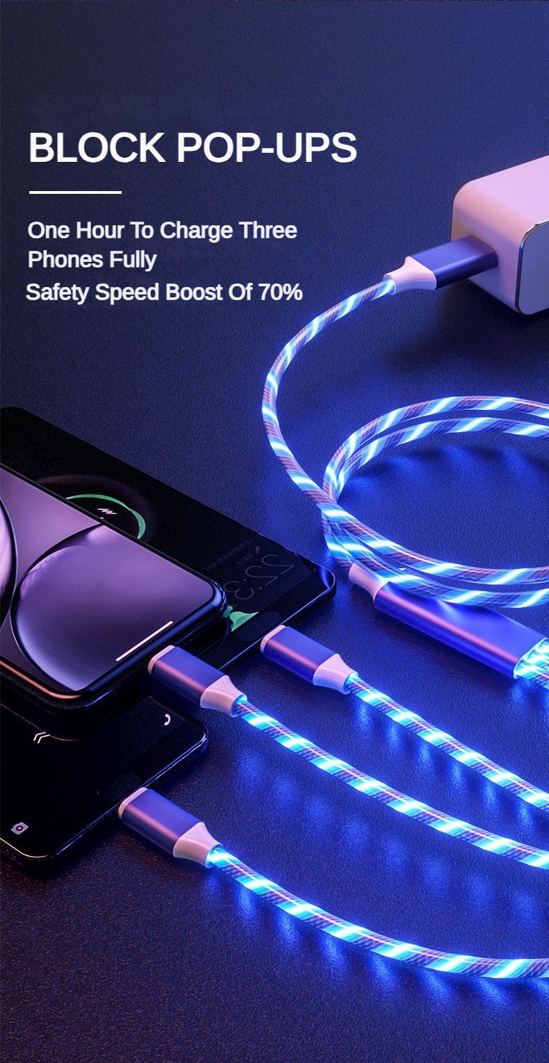 一拖三流光数据线 适用苹果安卓TypeC手机快充三合一跑马灯发光线详情8