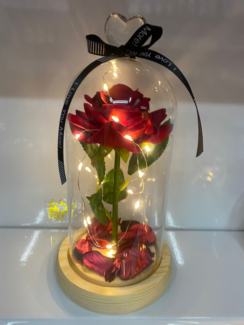 礼盒装带灯爱心玻璃罩仿真玫瑰花，节日礼物必备详情1