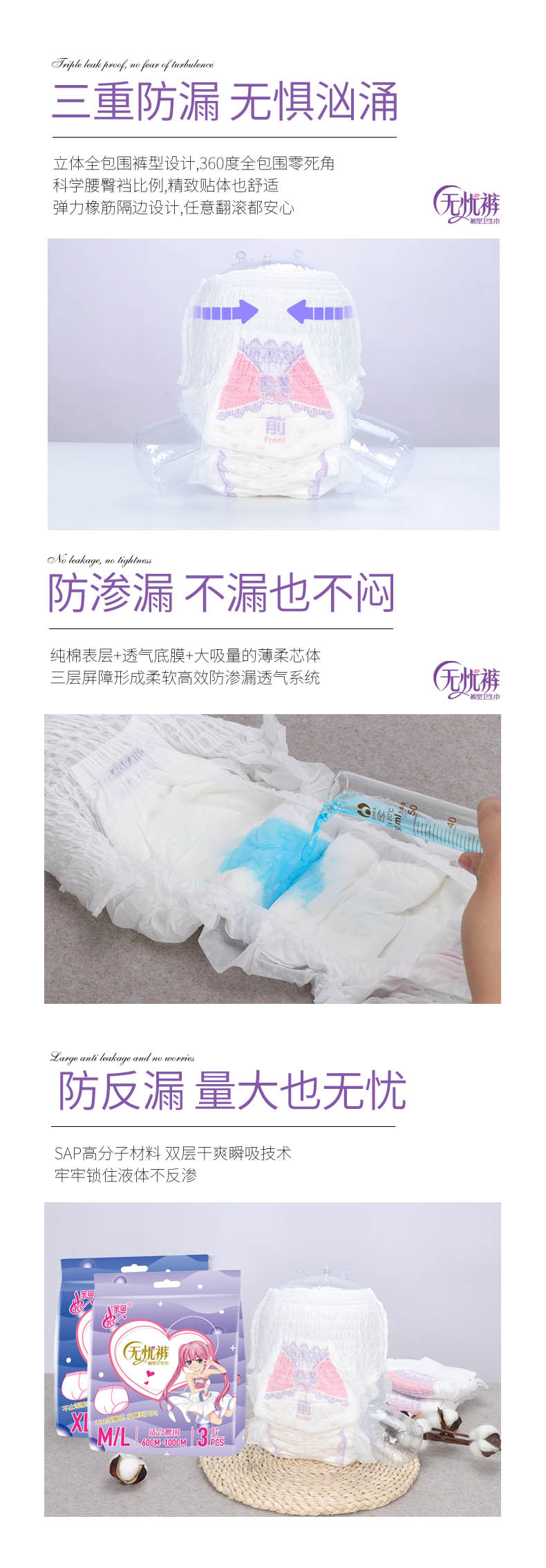 安睡裤产后专用经期卫生裤夜用姨妈巾安睡裤防漏大码3片装安心裤详情3