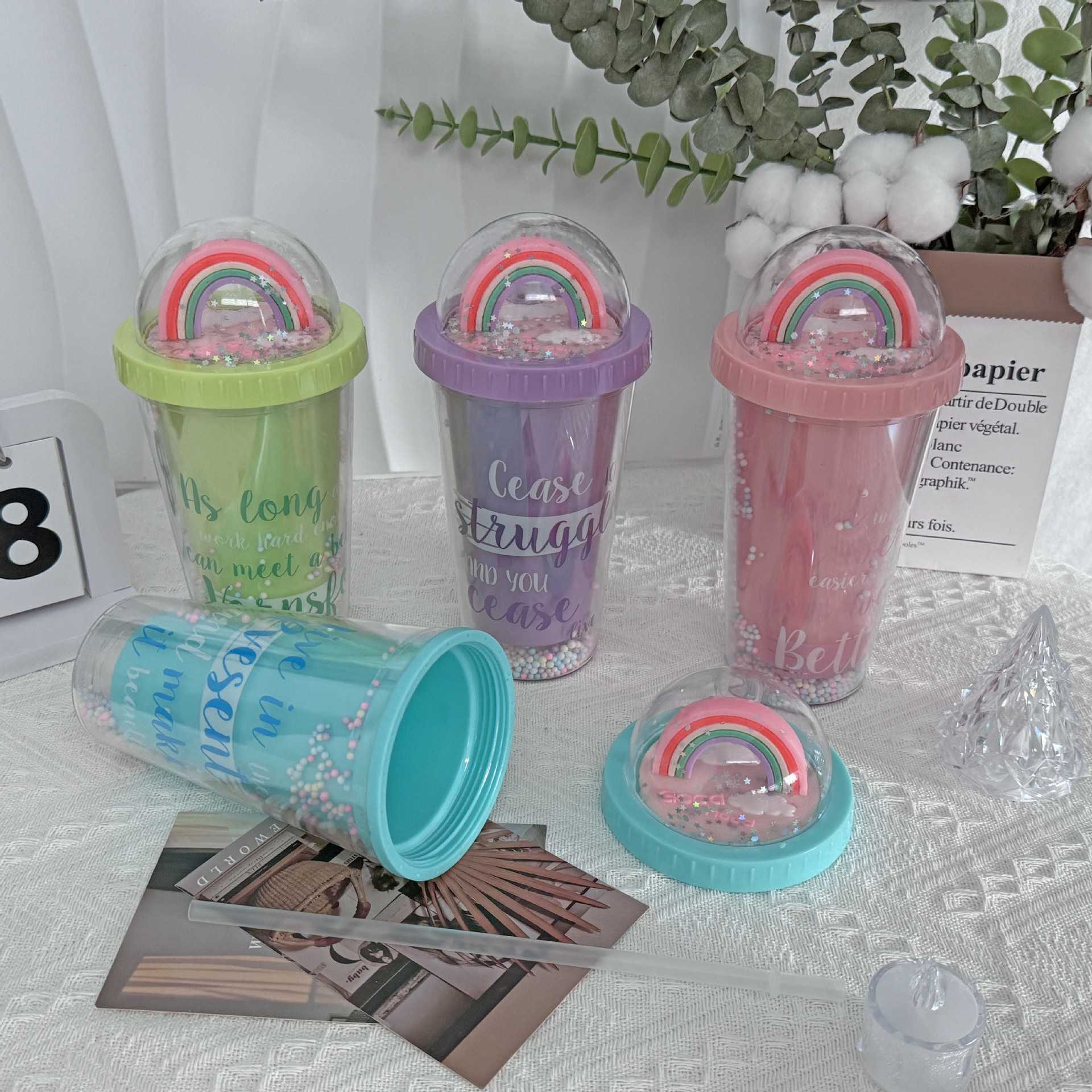 外贸新款塑料水杯批发夏日网红彩虹吸管杯微景观杯创意便携奶茶杯详情8