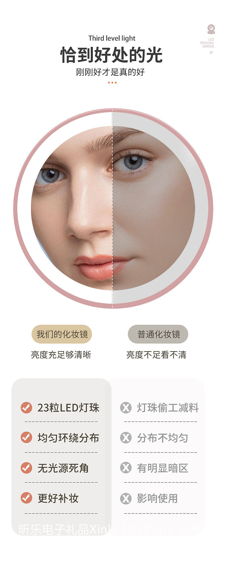 Mini LED light-emitting makeup mirror, round portable folding small mirror with light, beauty mirror with logo printing pic 5