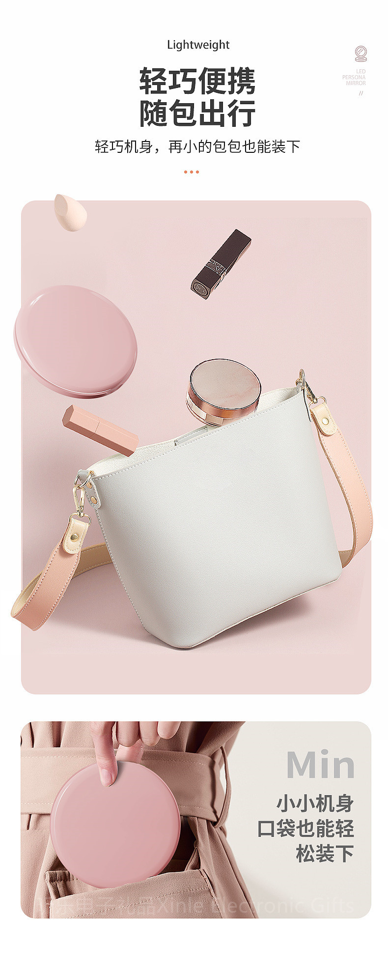 Mini LED light-emitting makeup mirror, round portable folding small mirror with light, beauty mirror with logo printing pic 10