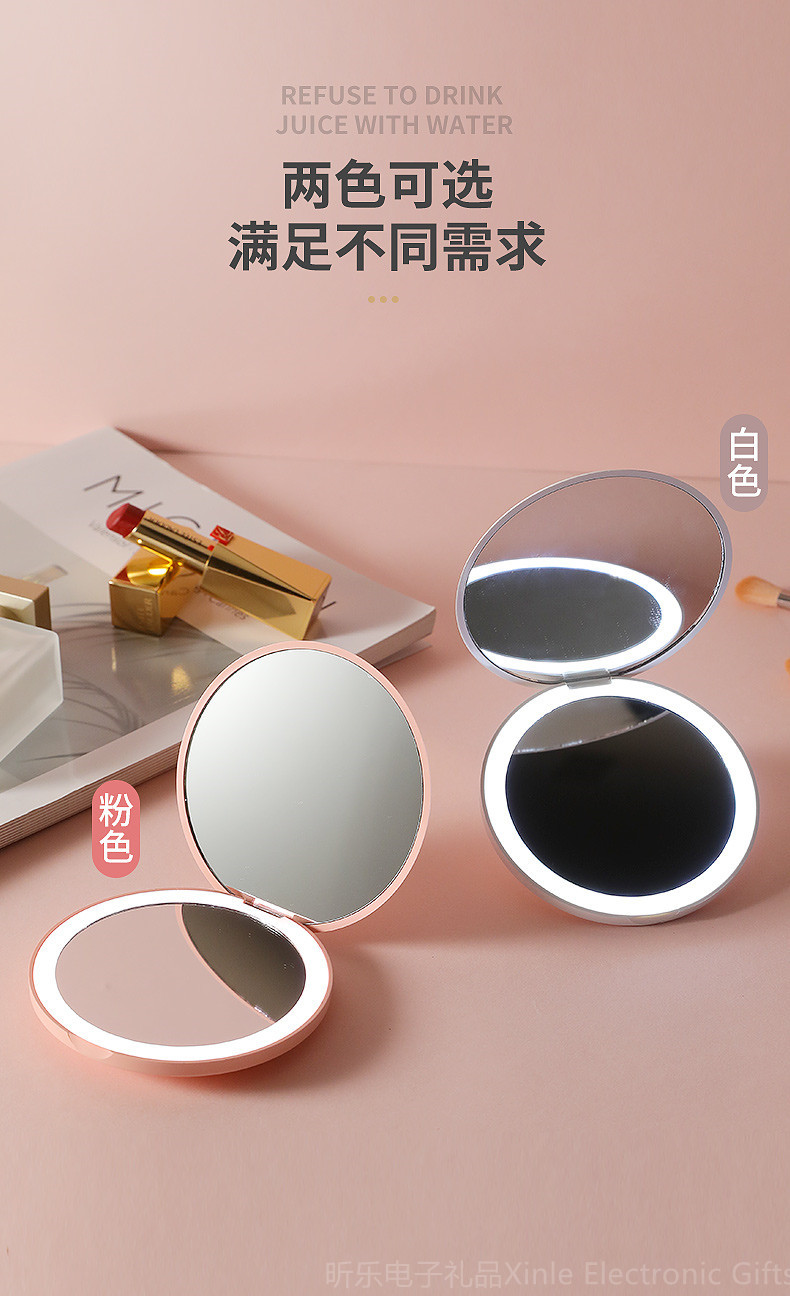Mini LED light-emitting makeup mirror, round portable folding small mirror with light, beauty mirror with logo printing pic 12