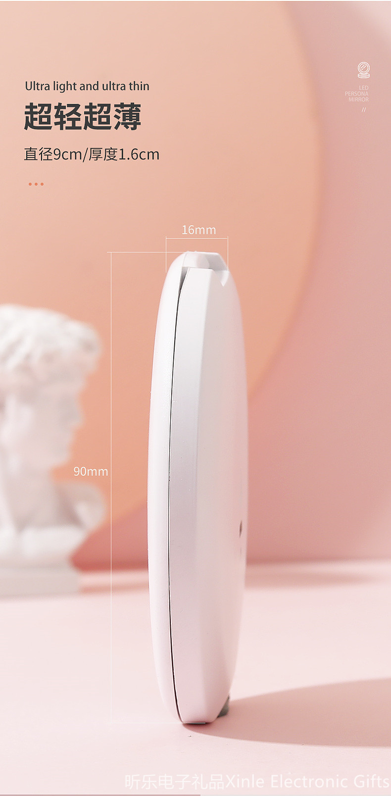 Mini LED light-emitting makeup mirror, round portable folding small mirror with light, beauty mirror with logo printing pic 6
