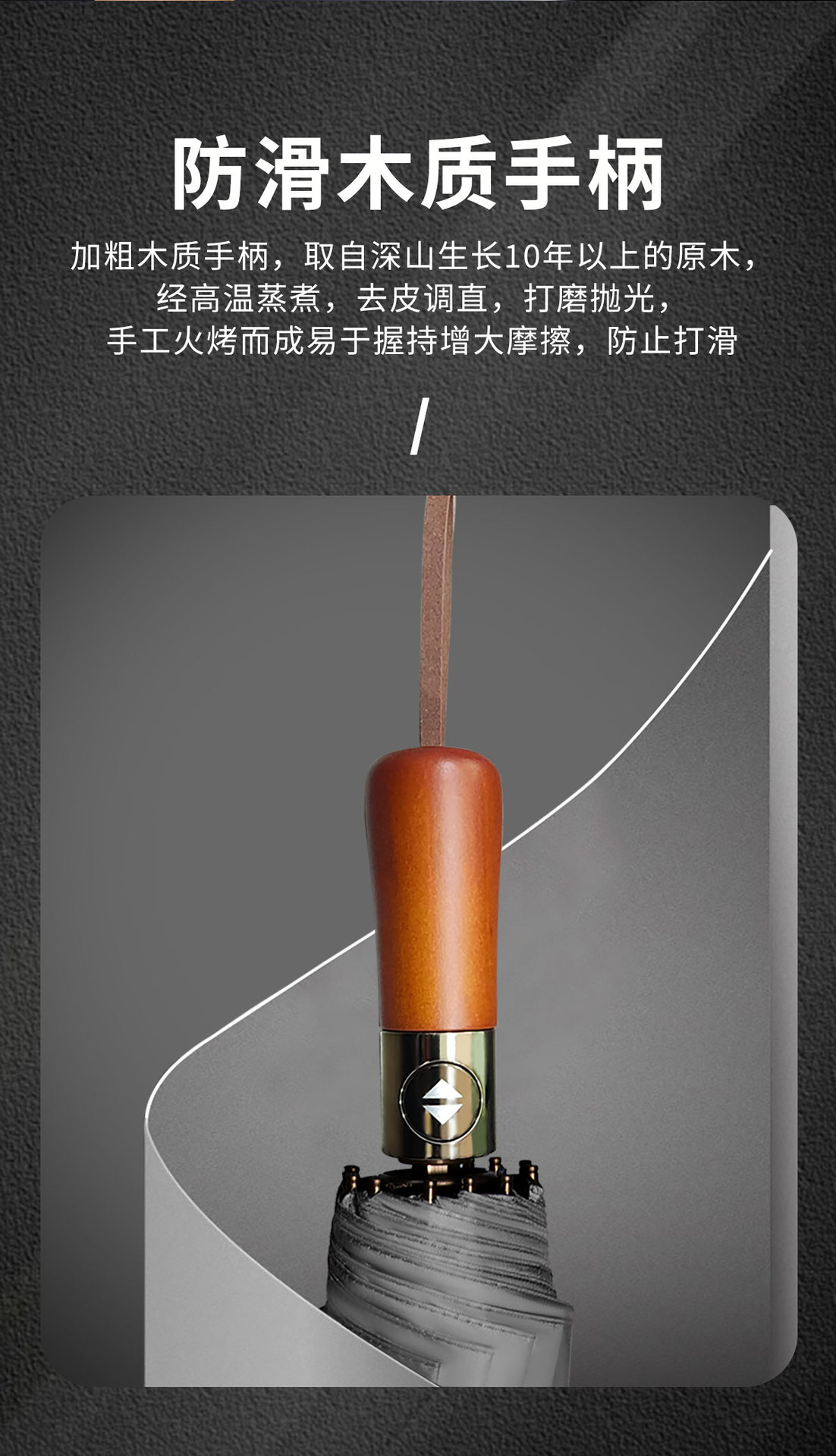 72骨全自动雨伞实木手柄加大加固晴雨伞防晒伞木头商务折叠广告伞详情3