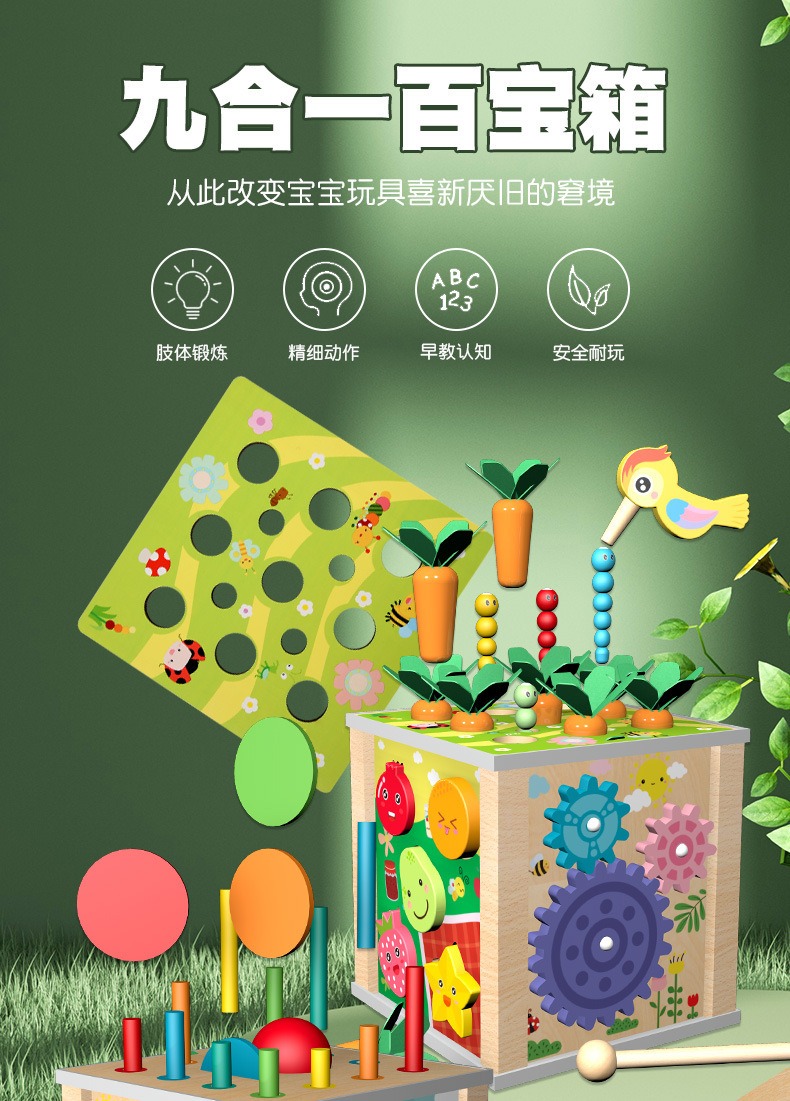 儿童蒙氏木质多功能百宝箱投币箱敲琴拔萝卜水果配对积木益智玩具详情22