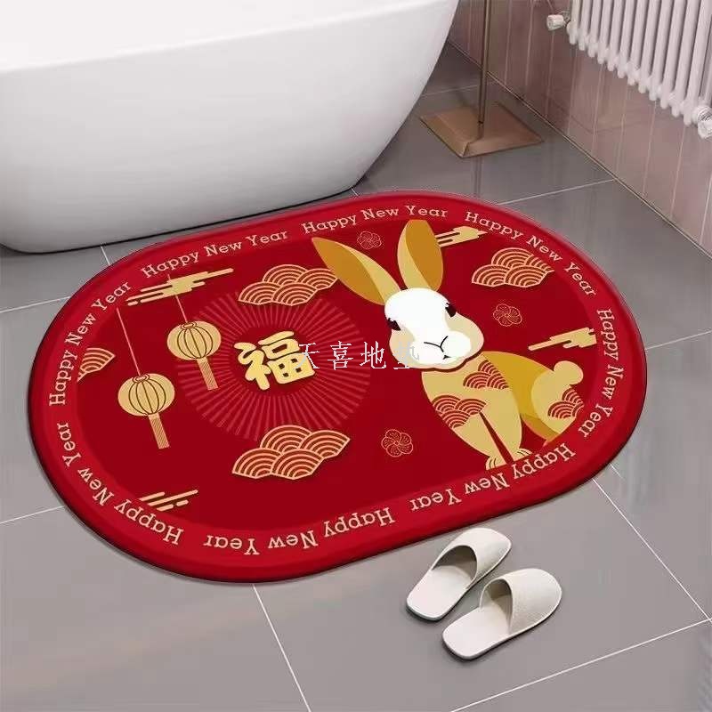 A festive red new Chinese-style rabbit-year floor mat made of technology fabric for home bathroom and toilet water-absorbing and anti-slip carpet pic 6