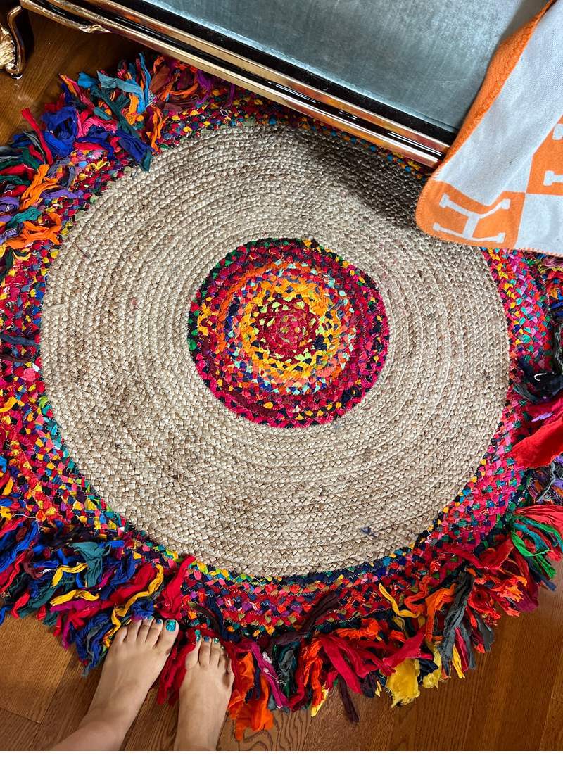 Rainbow-style Indian jute pure cotton mixed woven round tassel carpet, ethnic style ins sofa bedroom floor mat pic 5