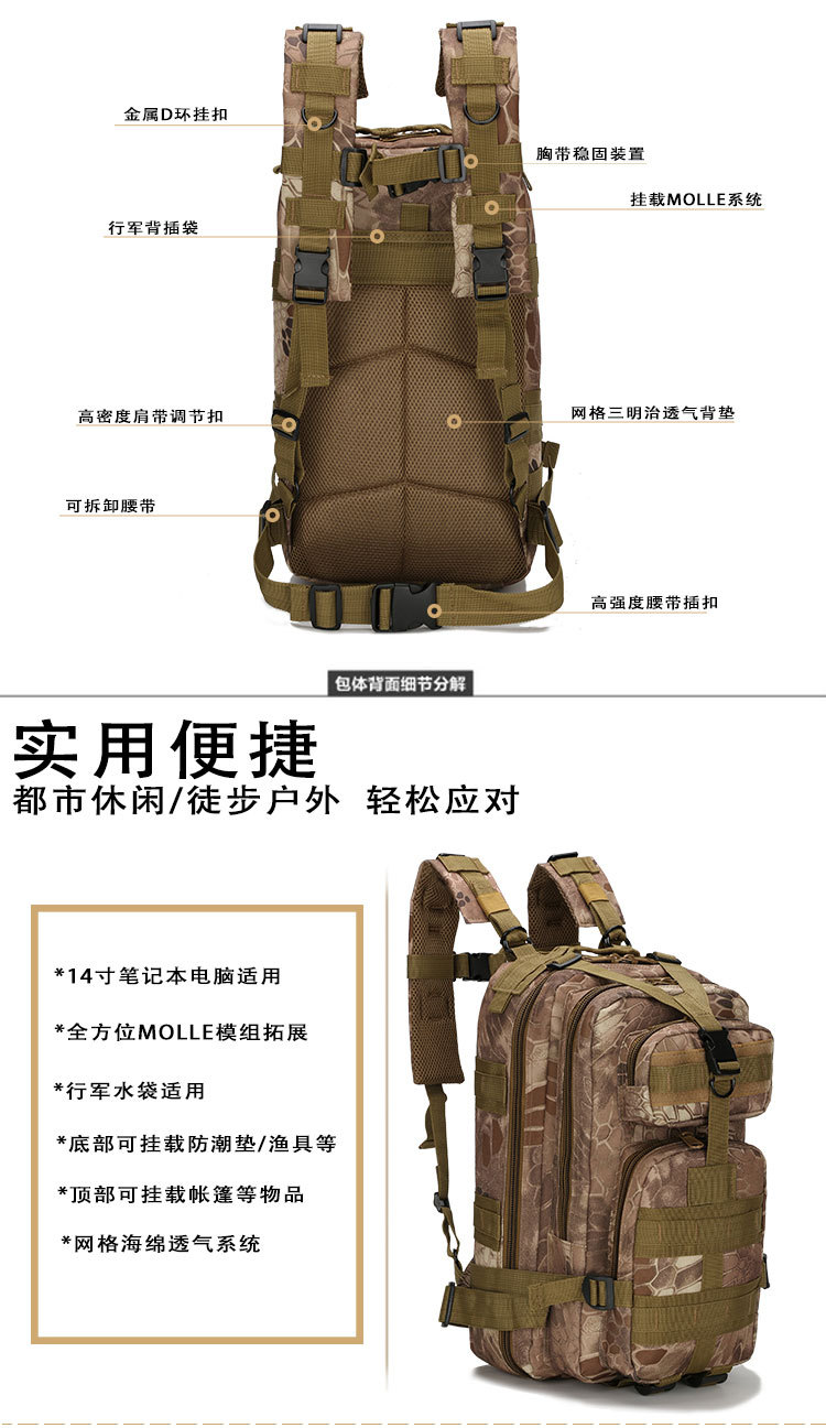 爆款户外战术包训练装备野营背包 运动驴友双肩包3P背包单拉详情2