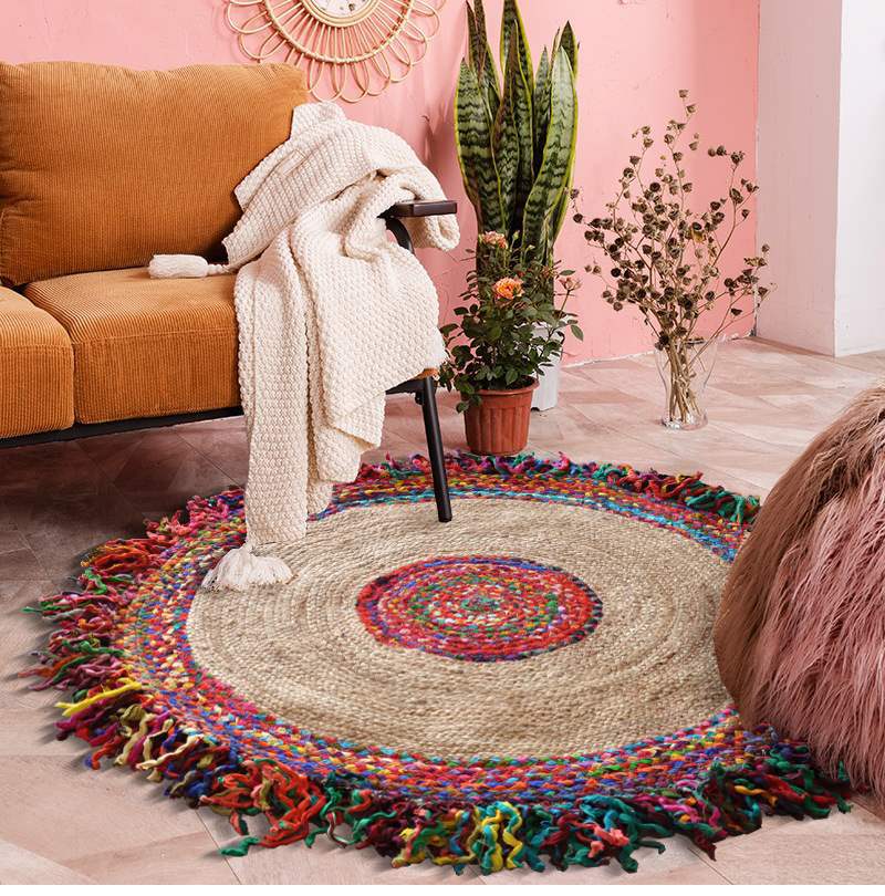 Rainbow-style Indian jute pure cotton mixed woven round tassel carpet, ethnic style ins sofa bedroom floor mat pic 6