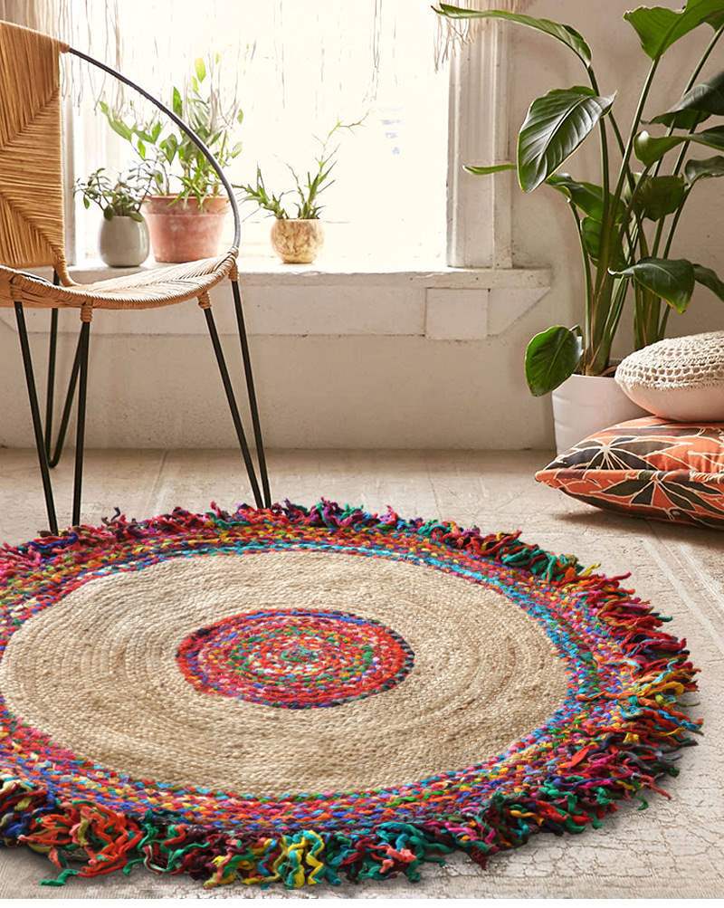 Rainbow-style Indian jute pure cotton mixed woven round tassel carpet, ethnic style ins sofa bedroom floor mat pic 3
