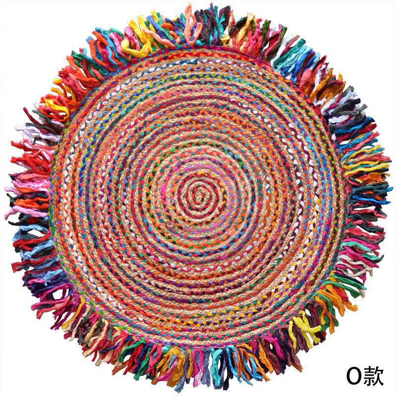 Rainbow-style Indian jute pure cotton mixed woven round tassel carpet, ethnic style ins sofa bedroom floor mat pic 1