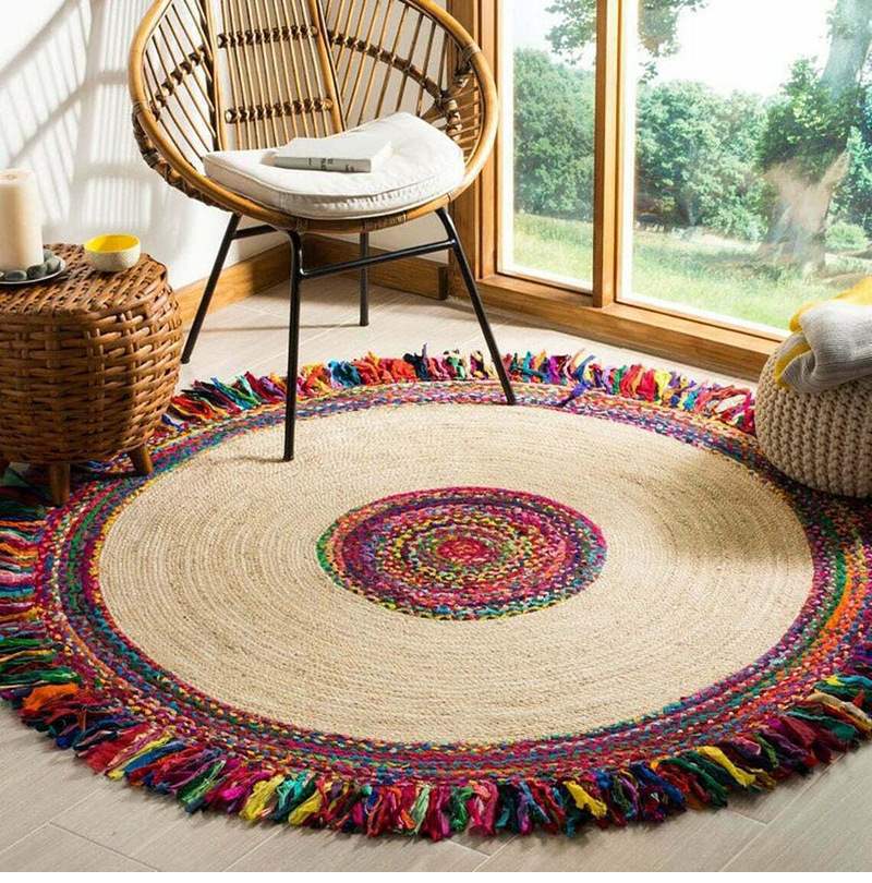 Rainbow-style Indian jute pure cotton mixed woven round tassel carpet, ethnic style ins sofa bedroom floor mat pic 4