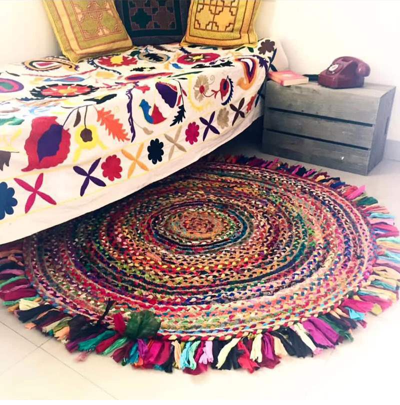 Rainbow-style Indian jute pure cotton mixed woven round tassel carpet, ethnic style ins sofa bedroom floor mat pic 8