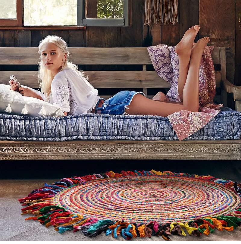 Rainbow-style Indian jute pure cotton mixed woven round tassel carpet, ethnic style ins sofa bedroom floor mat pic 7