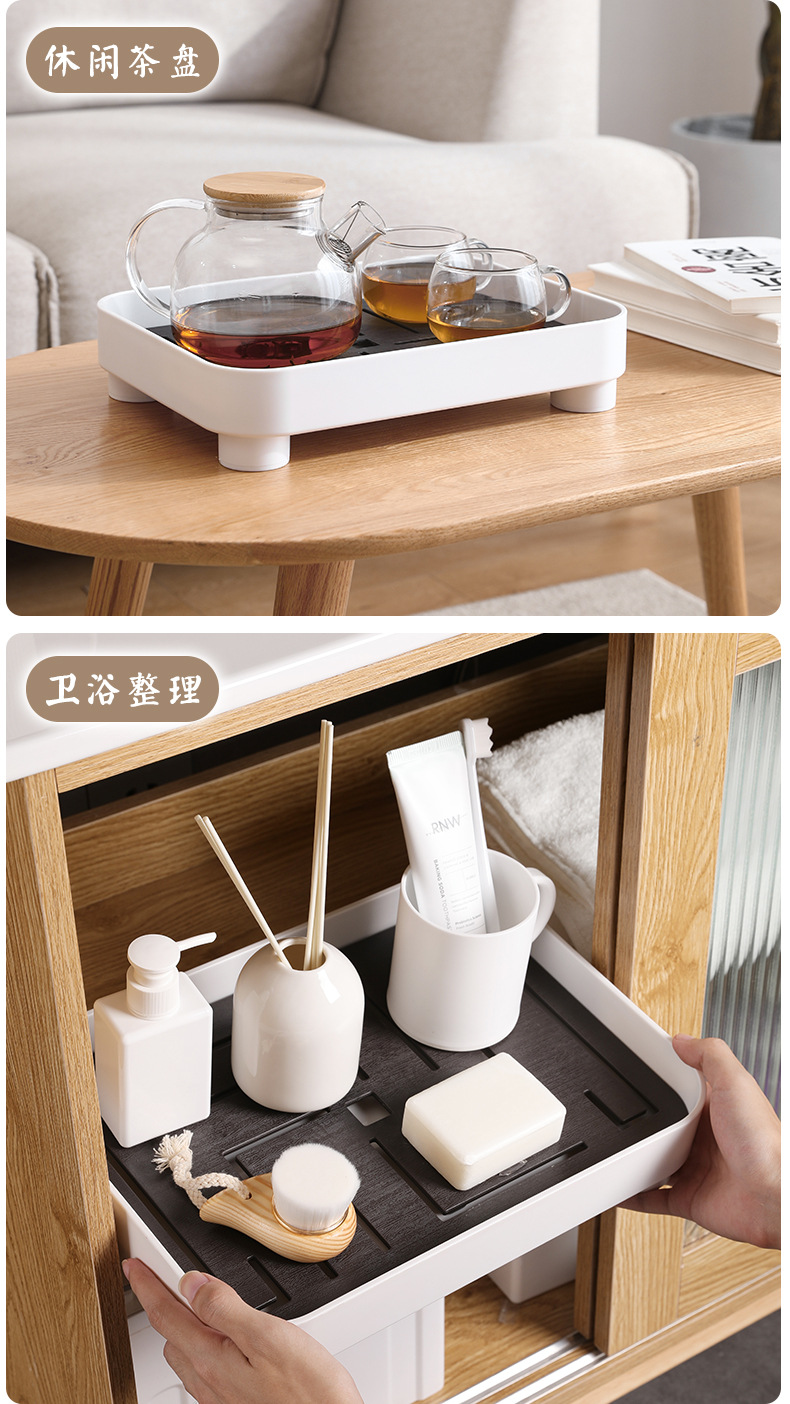 Household draining tray, double-layer rectangular storage rack, multi-purpose tea set and tea table storage box pic 12