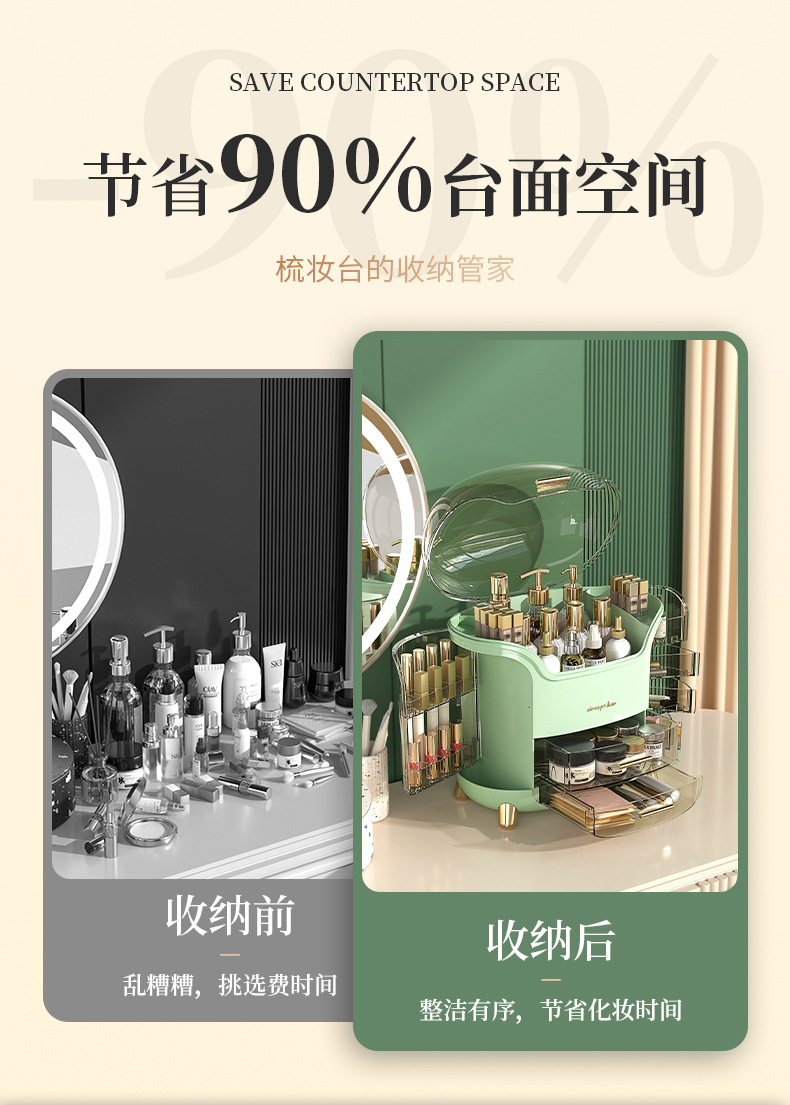 轻奢化妆品收纳盒防尘桌面梳妆台家用口红整理收纳柜护肤品置物架详情4