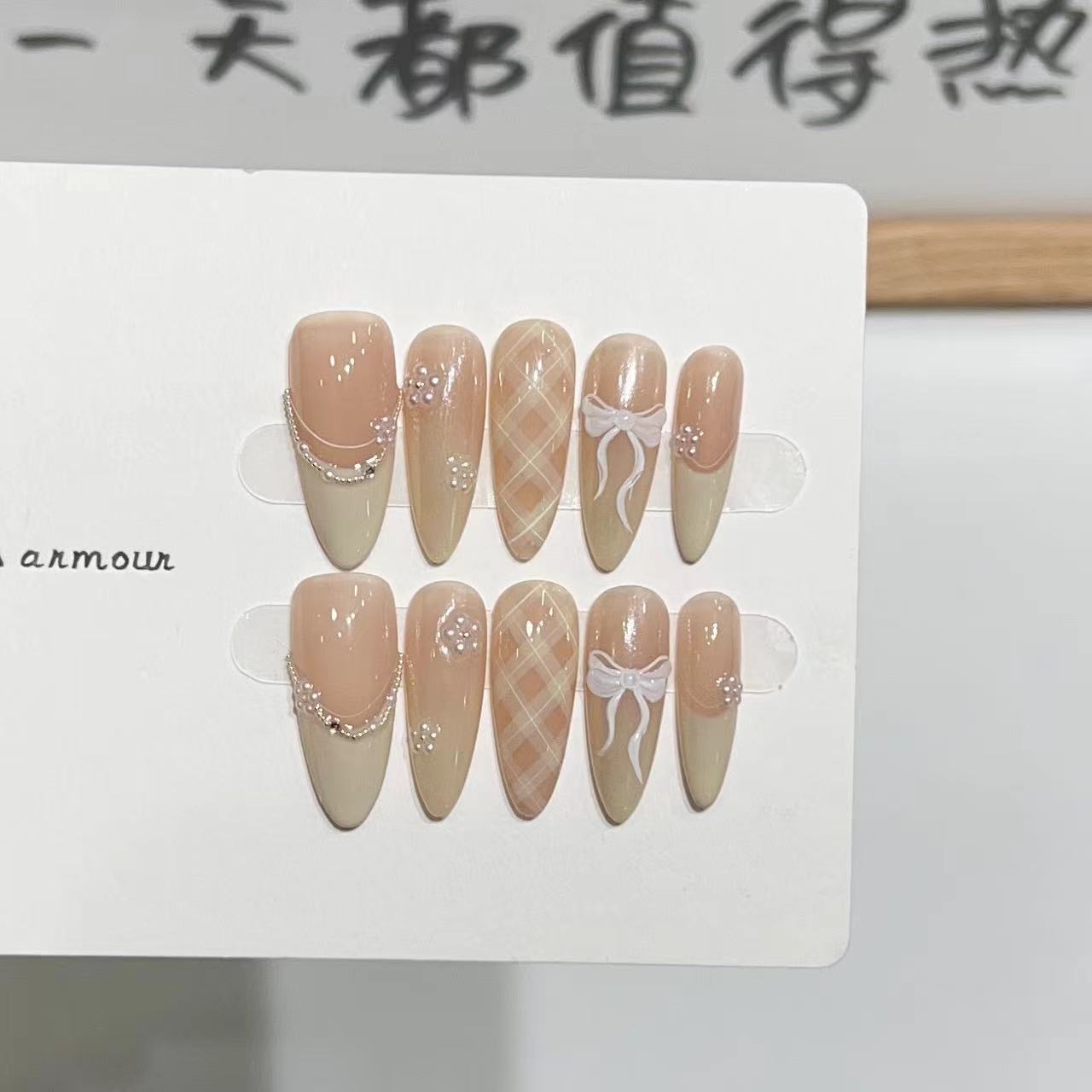 网红爆款气质款美甲穿戴甲手作甜美裸色法式蝴蝶结假指甲贴片批发详情8