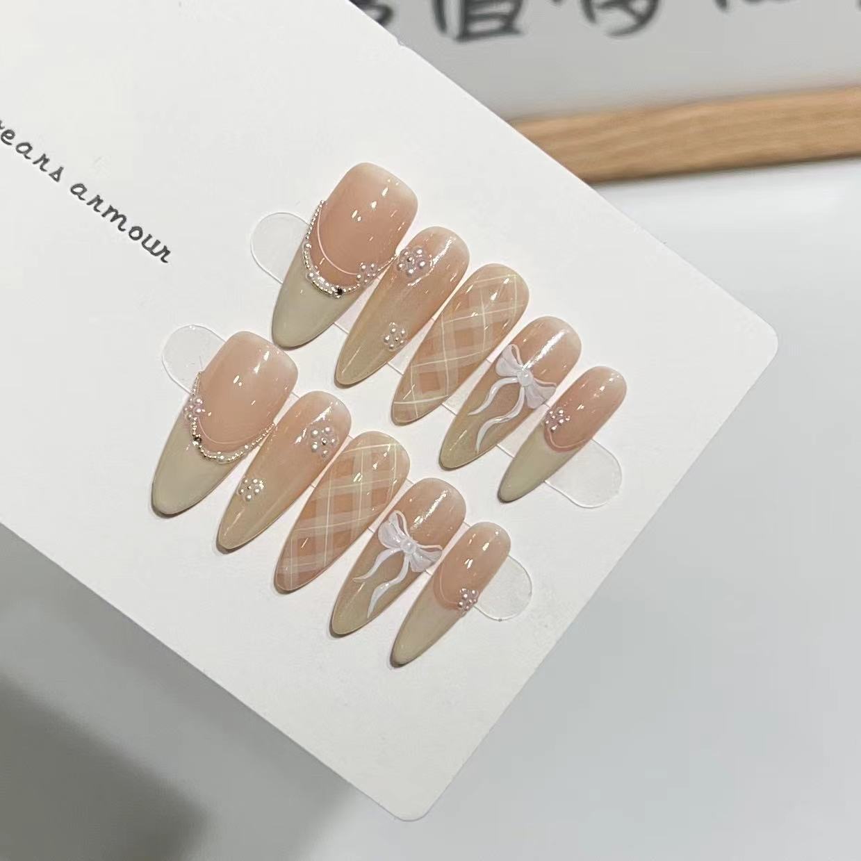 网红爆款气质款美甲穿戴甲手作甜美裸色法式蝴蝶结假指甲贴片批发详情10