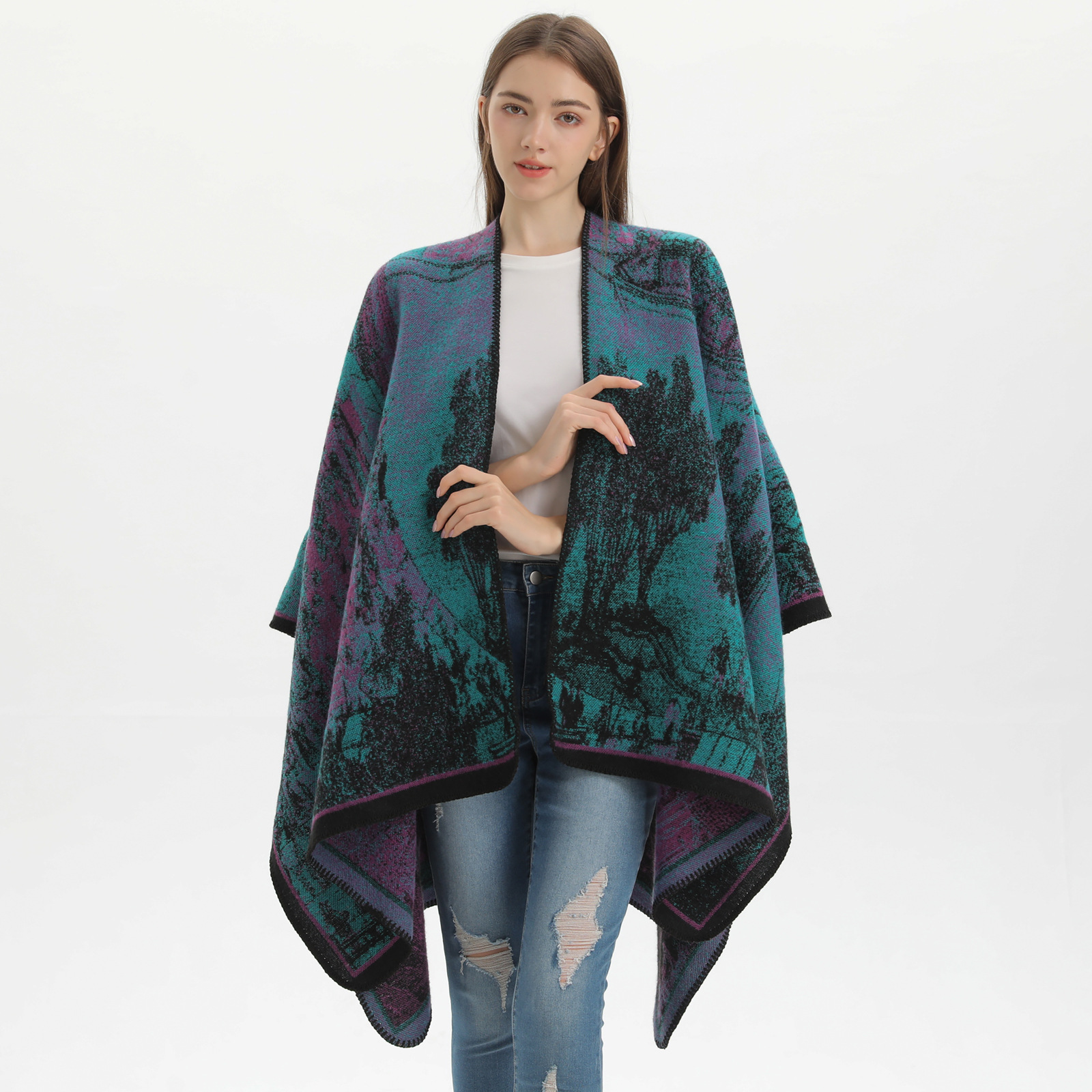 Jiangnan water town cultural tourism shawl, autumn and winter imitation cashmere knitted scarf, slit oil painting cape, cape outerwear pic 12