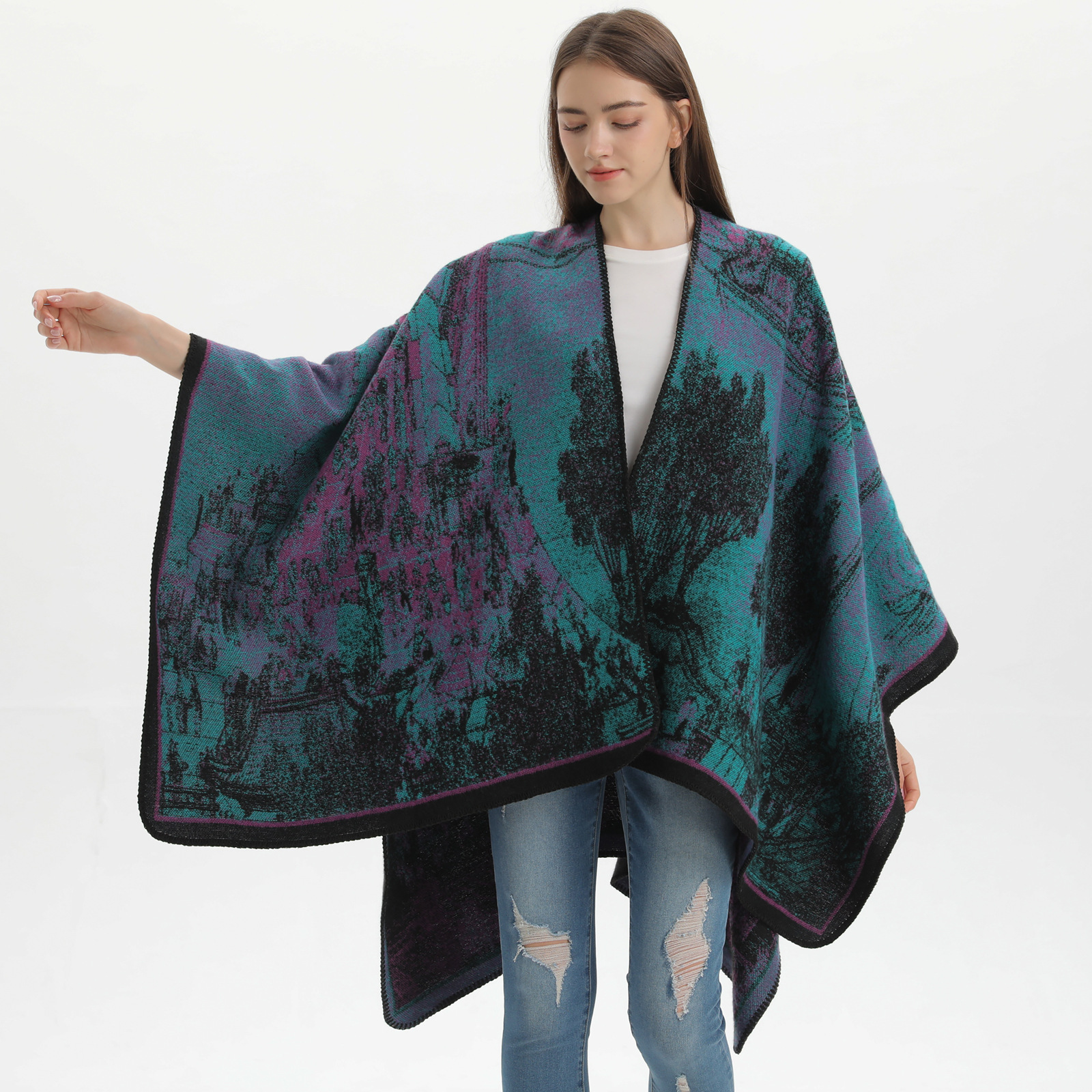 Jiangnan water town cultural tourism shawl, autumn and winter imitation cashmere knitted scarf, slit oil painting cape, cape outerwear pic 13