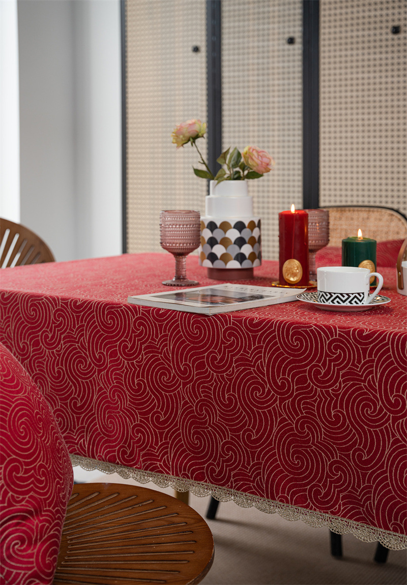 结婚庆新年喜庆提花羽毛树叶金色花边桌布茶几餐桌布盖巾防水代发详情13