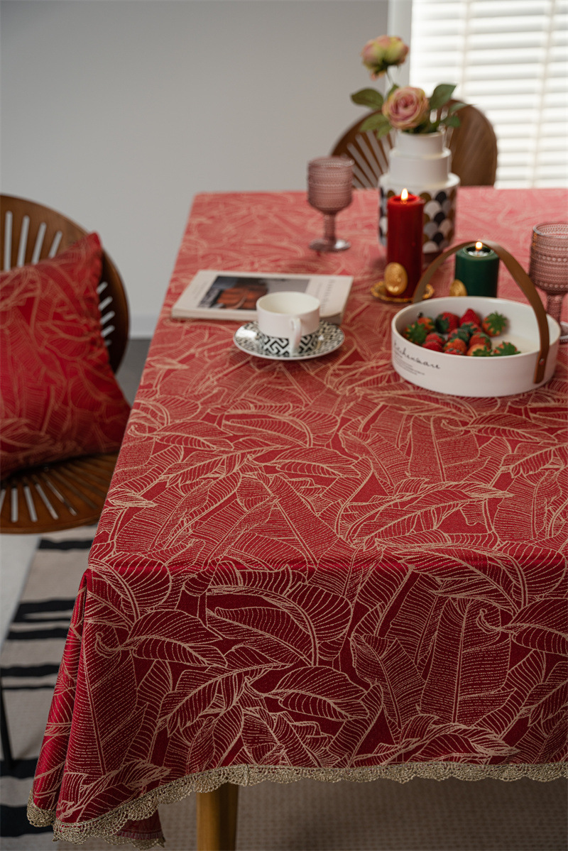 结婚庆新年喜庆提花羽毛树叶金色花边桌布茶几餐桌布盖巾防水代发详情6