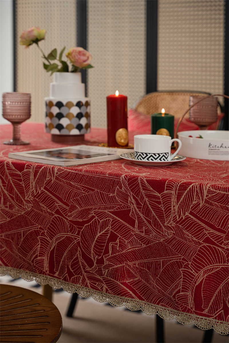 结婚庆新年喜庆提花羽毛树叶金色花边桌布茶几餐桌布盖巾防水代发详情4