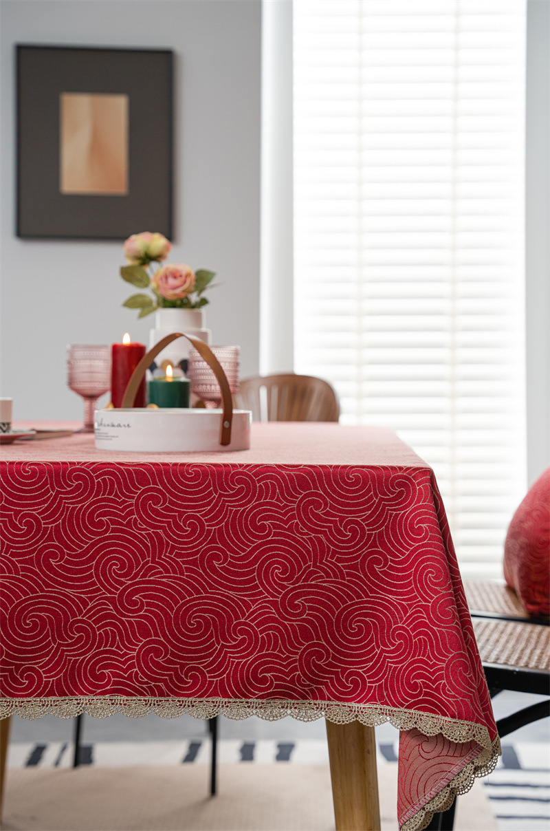 结婚庆新年喜庆提花羽毛树叶金色花边桌布茶几餐桌布盖巾防水代发详情12