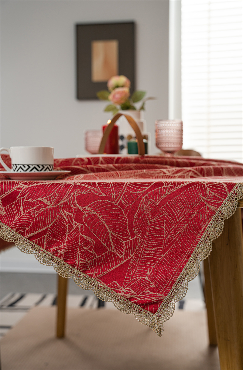 结婚庆新年喜庆提花羽毛树叶金色花边桌布茶几餐桌布盖巾防水代发详情9