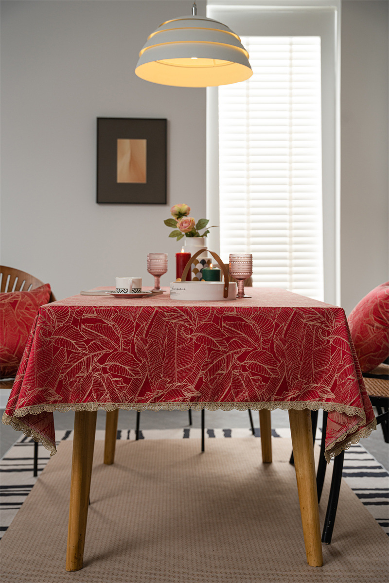 结婚庆新年喜庆提花羽毛树叶金色花边桌布茶几餐桌布盖巾防水代发详情3