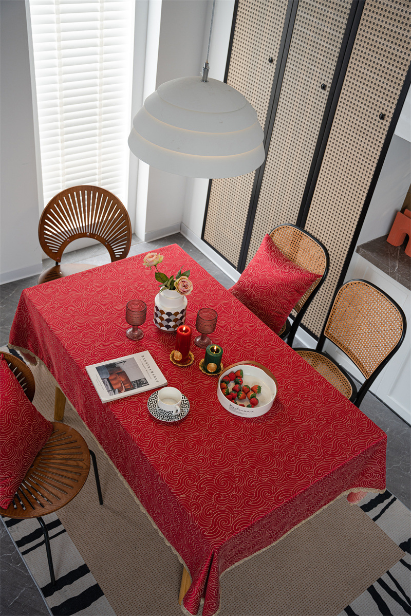 结婚庆新年喜庆提花羽毛树叶金色花边桌布茶几餐桌布盖巾防水代发详情16