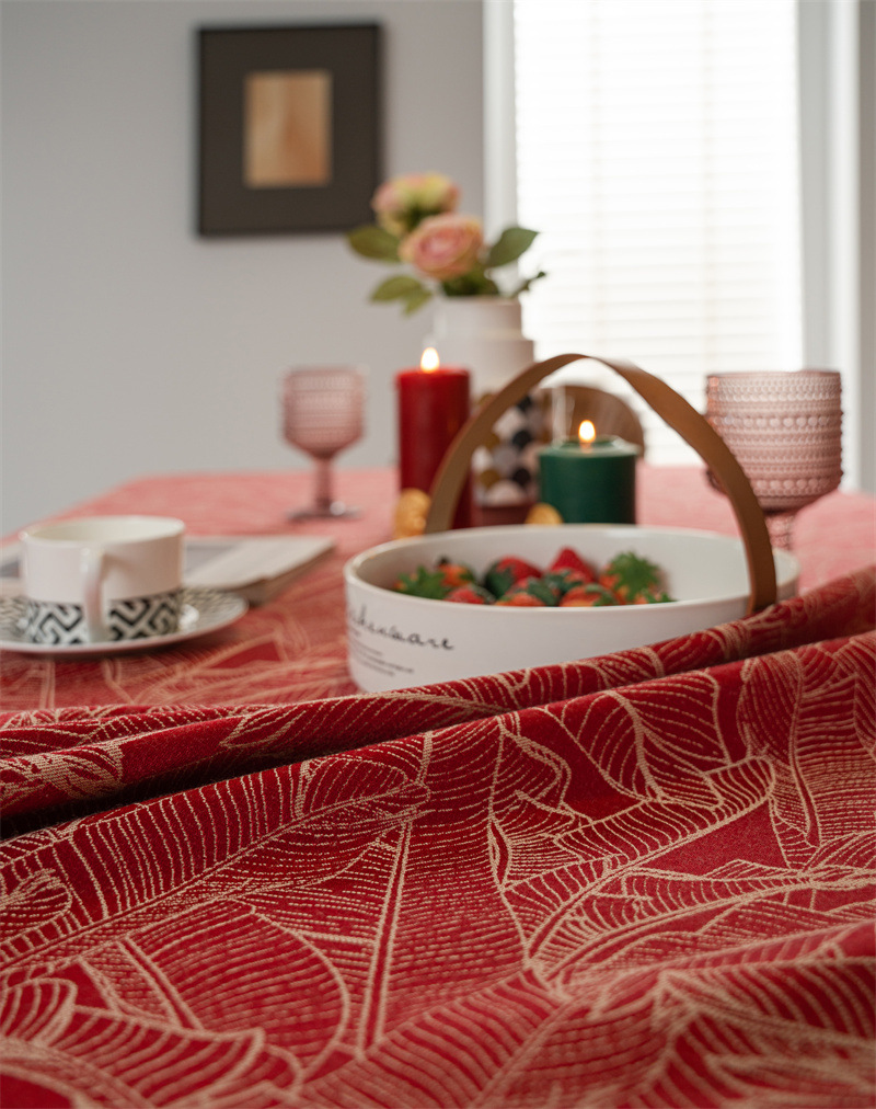 结婚庆新年喜庆提花羽毛树叶金色花边桌布茶几餐桌布盖巾防水代发详情8