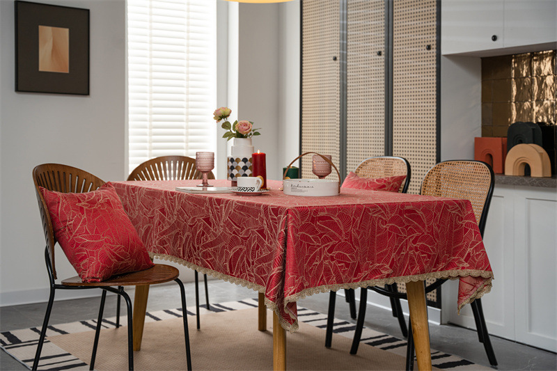 结婚庆新年喜庆提花羽毛树叶金色花边桌布茶几餐桌布盖巾防水代发详情1