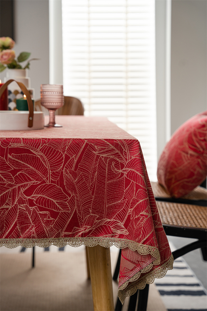 结婚庆新年喜庆提花羽毛树叶金色花边桌布茶几餐桌布盖巾防水代发详情2