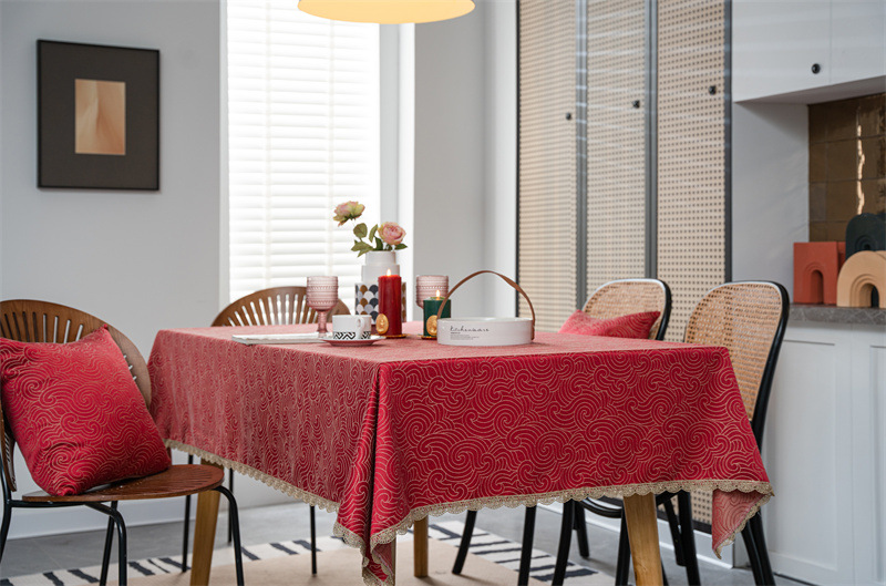 结婚庆新年喜庆提花羽毛树叶金色花边桌布茶几餐桌布盖巾防水代发详情15