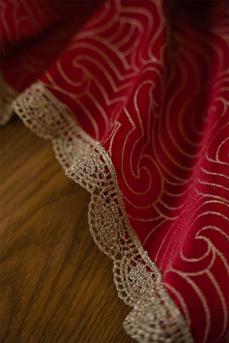 结婚庆新年喜庆提花羽毛树叶金色花边桌布茶几餐桌布盖巾防水代发详情20