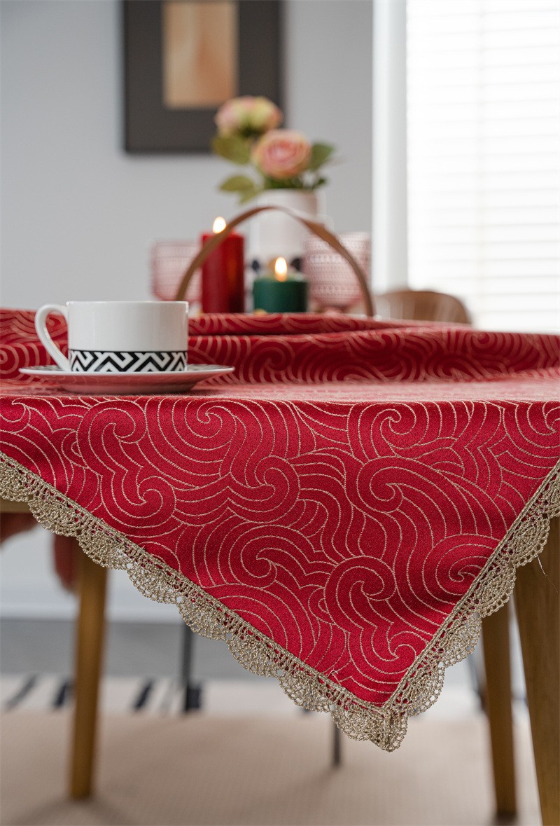 结婚庆新年喜庆提花羽毛树叶金色花边桌布茶几餐桌布盖巾防水代发详情18