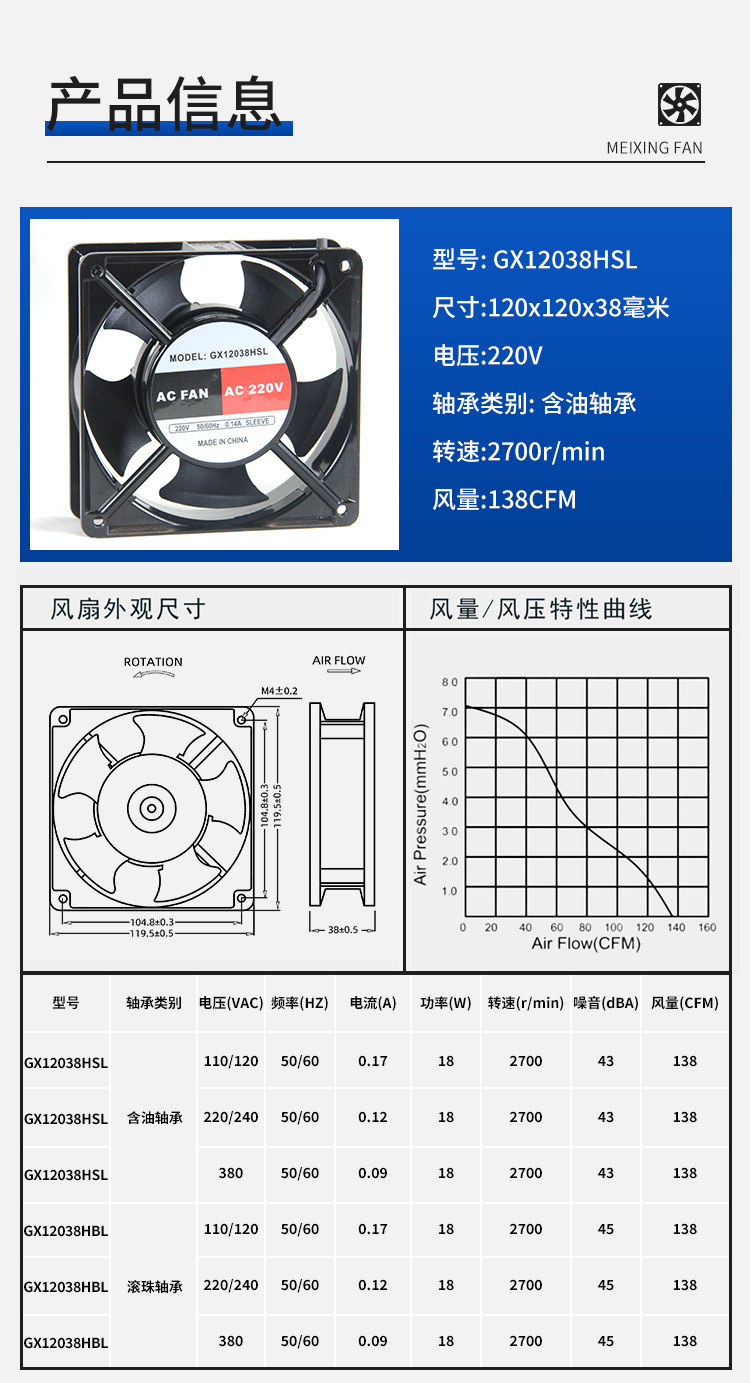 GX12038HSL220VAC含油轴承小型工业轴流风机方形散热冷却风扇详情1