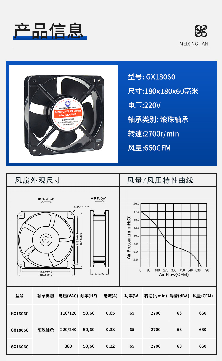GX18060 AC 220V ball bearing axial flow fan 18060 heat dissipation and cooling fan exhaust fan pic 1