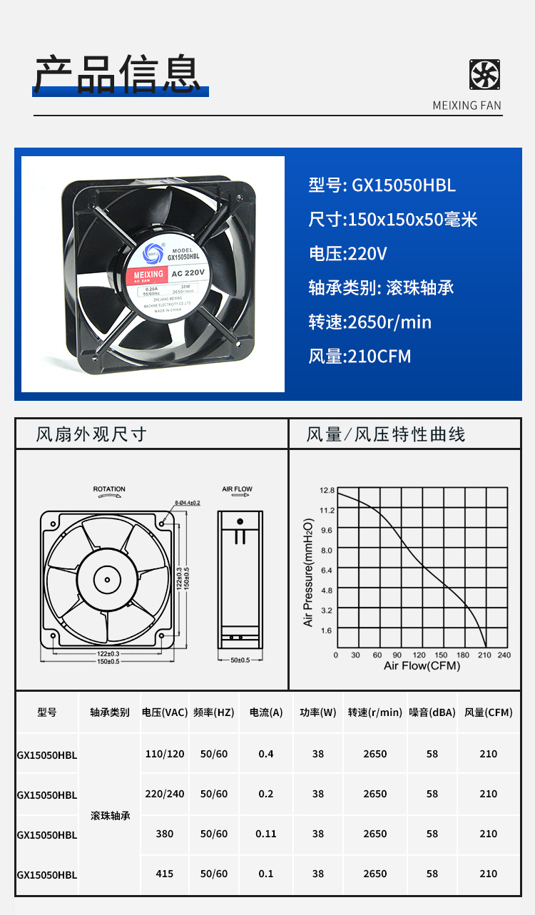 GX150-2 square AC ball bearing axial flow fan 15050 heat dissipation and cooling fan cabinet fan pic 1