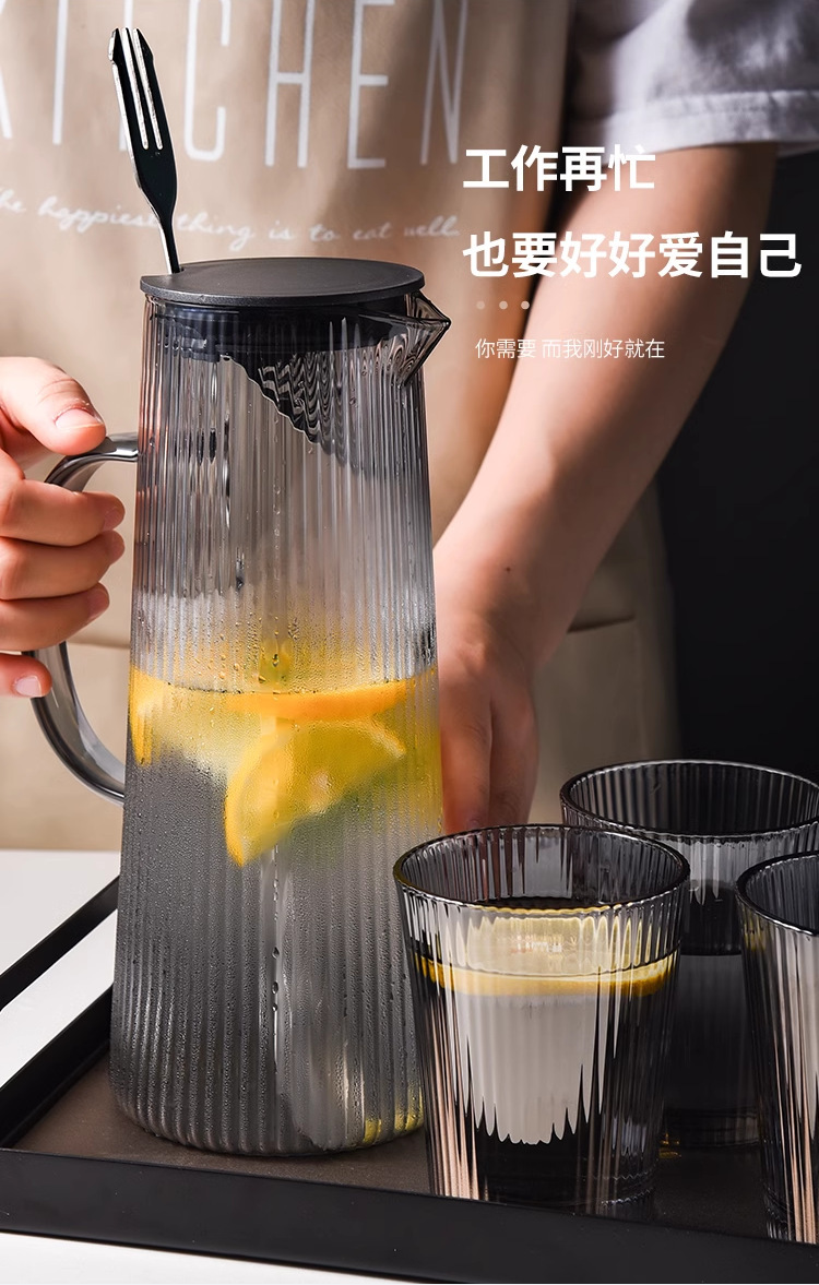批发高颜值轻奢凉水壶家用耐高温玻璃果汁壶大容量竖条纹冷水壶 pic 3