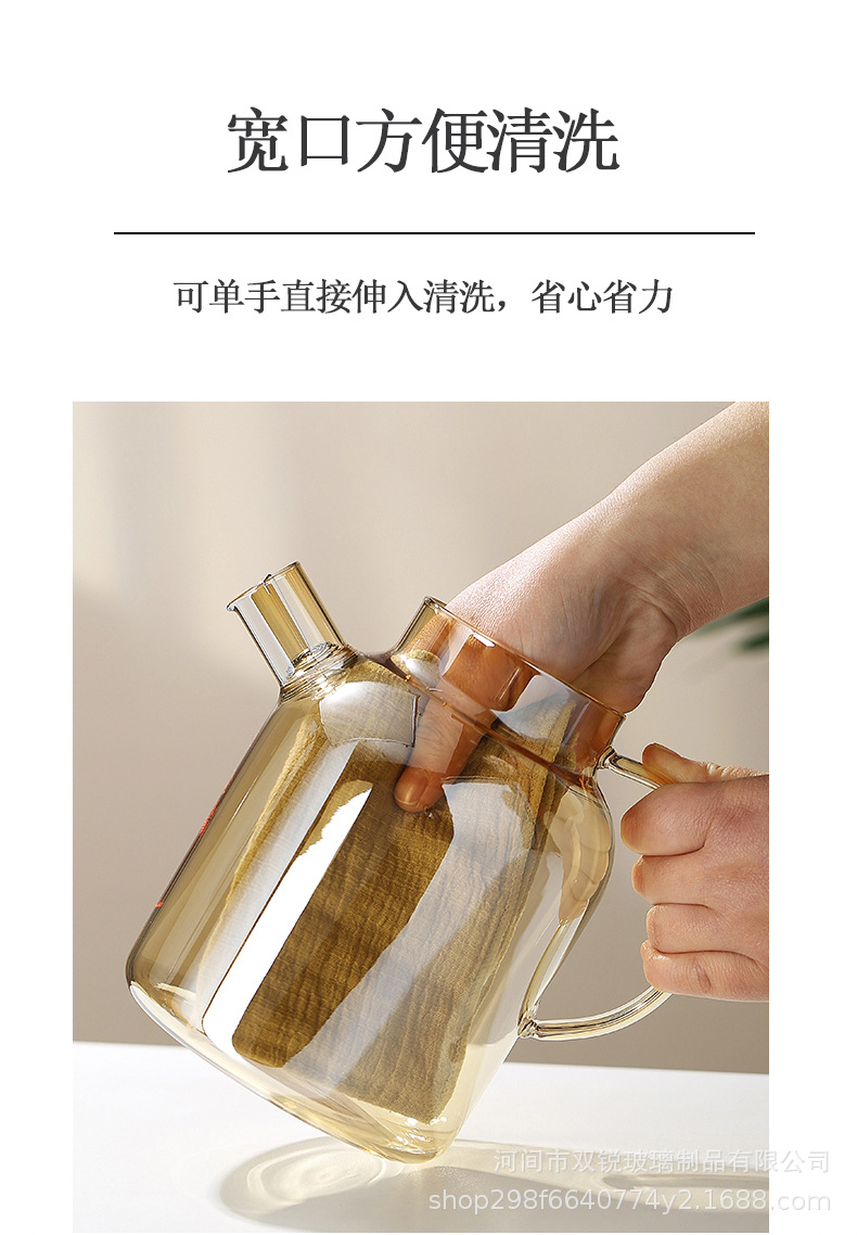 Glass cold water bottle, cool water bottle, high borosilicate glass large-capacity cold water cup, tied pot, amber gold light luxury bamboo lid pot pic 11